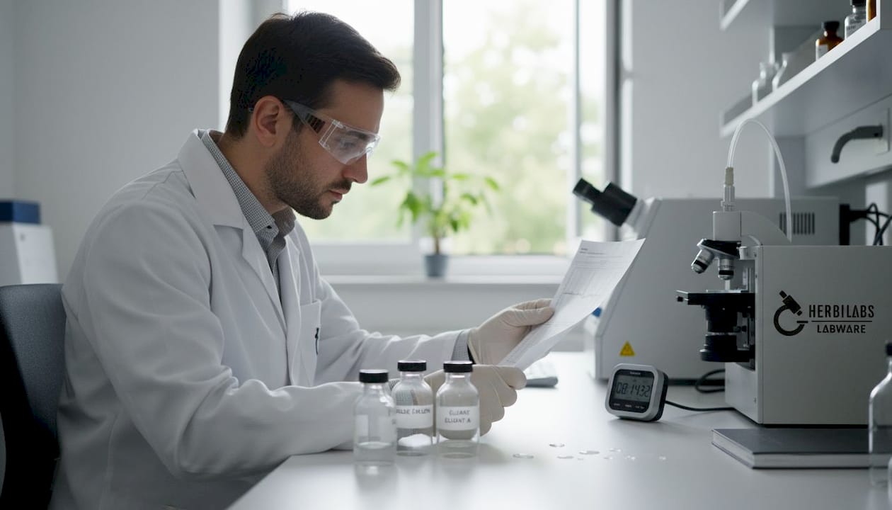 Un chercheur en chimie examine les résultats d’analyse des peptides dans son laboratoire.