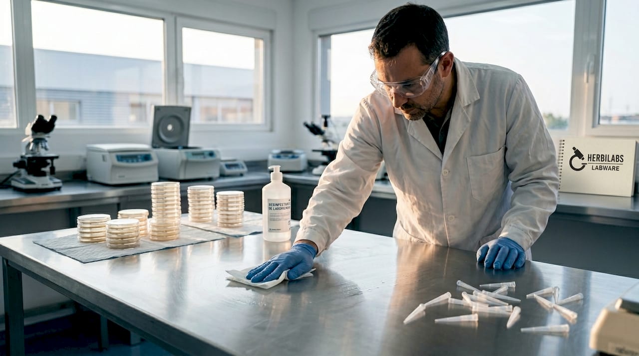 Un científico desinfecta cuidadosamente la mesa de trabajo del laboratorio para garantizar un ambiente estéril.