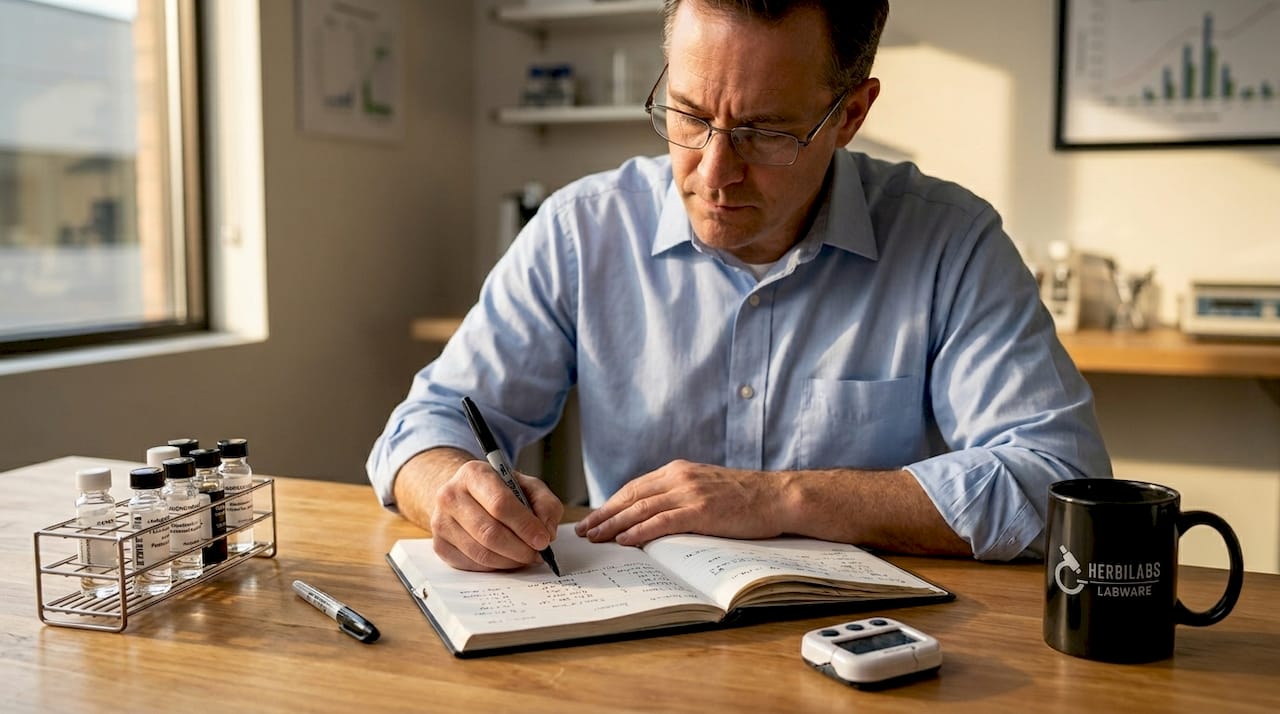 Technician writing reagent records in lab notebook
