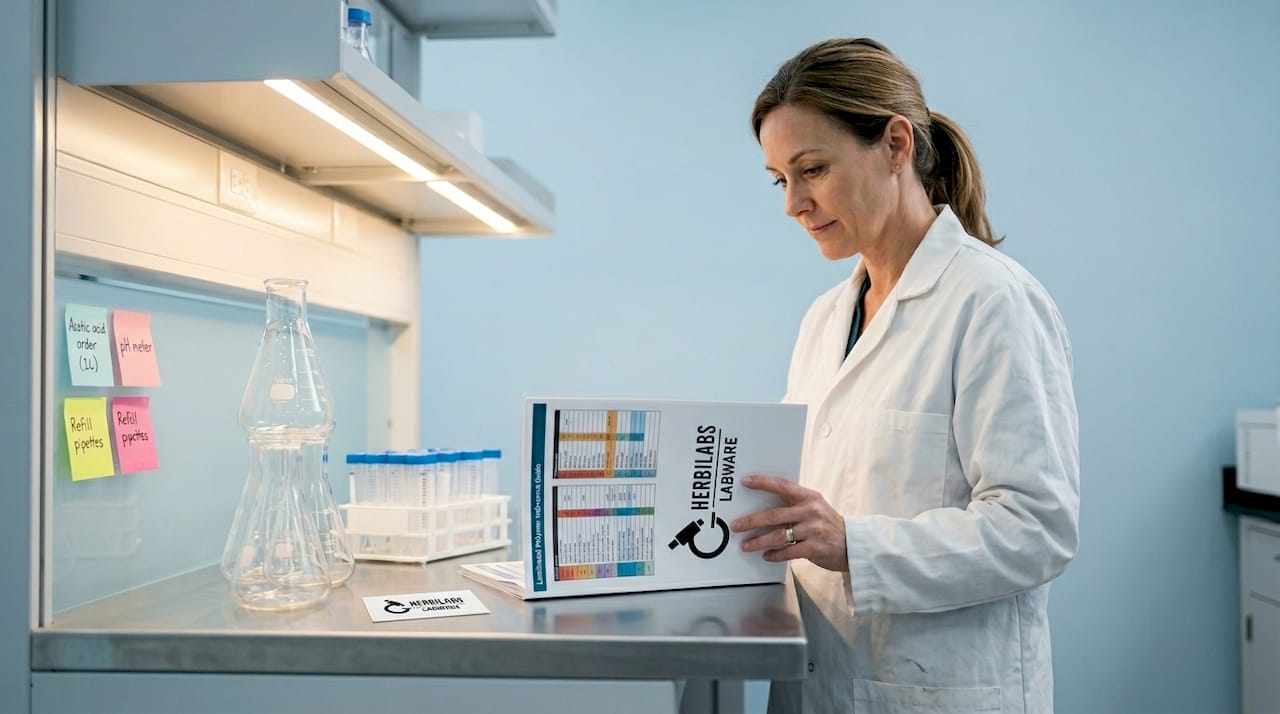 Glass flasks and plastic labware on workstation