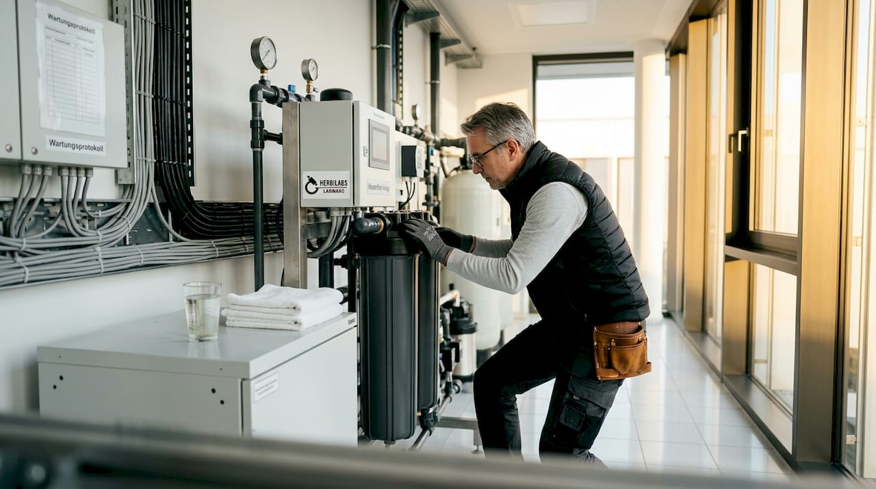 Ein Techniker führt routinemäßig die Kontrolle der Wasserfilter im Labor durch.
