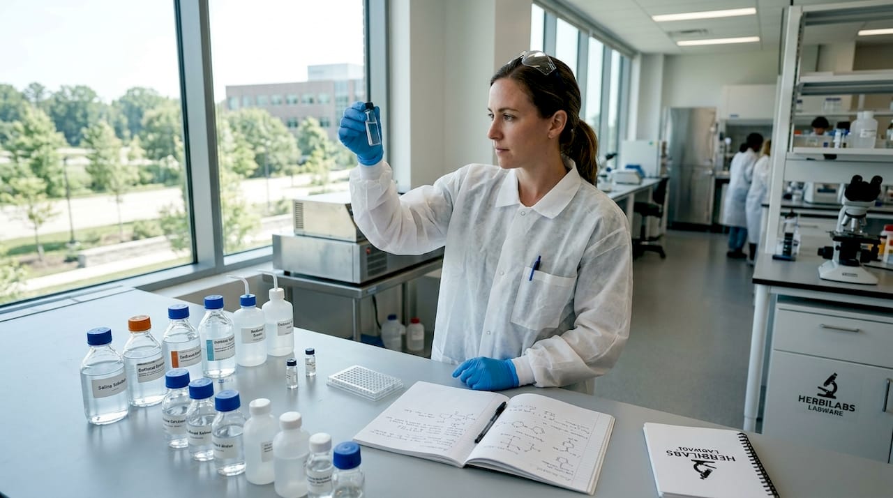 Scientist checking clarity of peptide solution