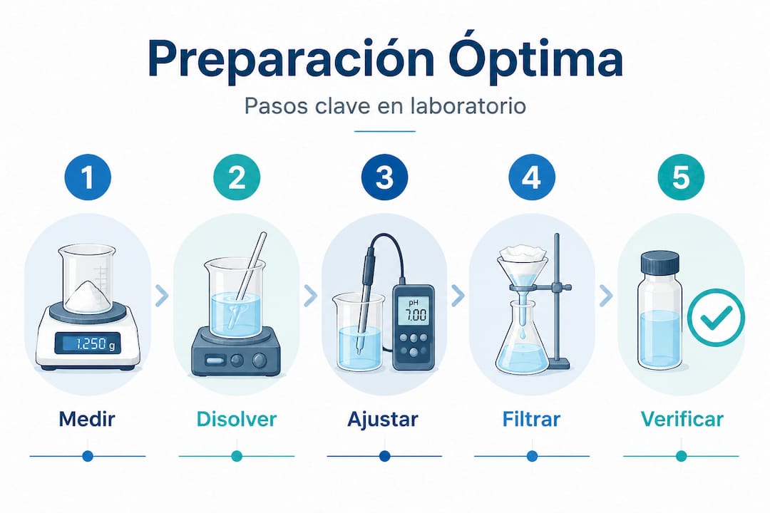Infografía sobre los pasos esenciales para la preparación de soluciones en el laboratorio