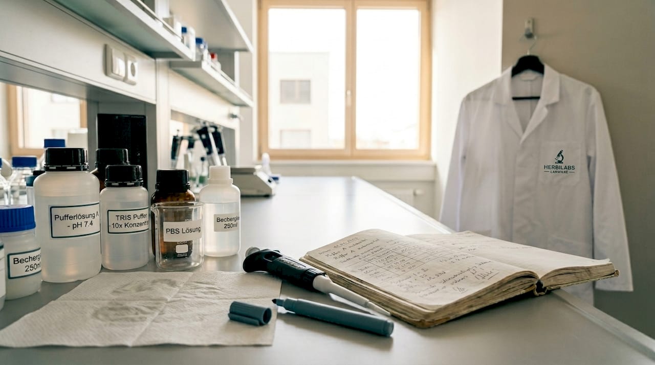 Labortisch mit vorbereiteten Pufferlösungen und bereitgestelltem Glasmaterial