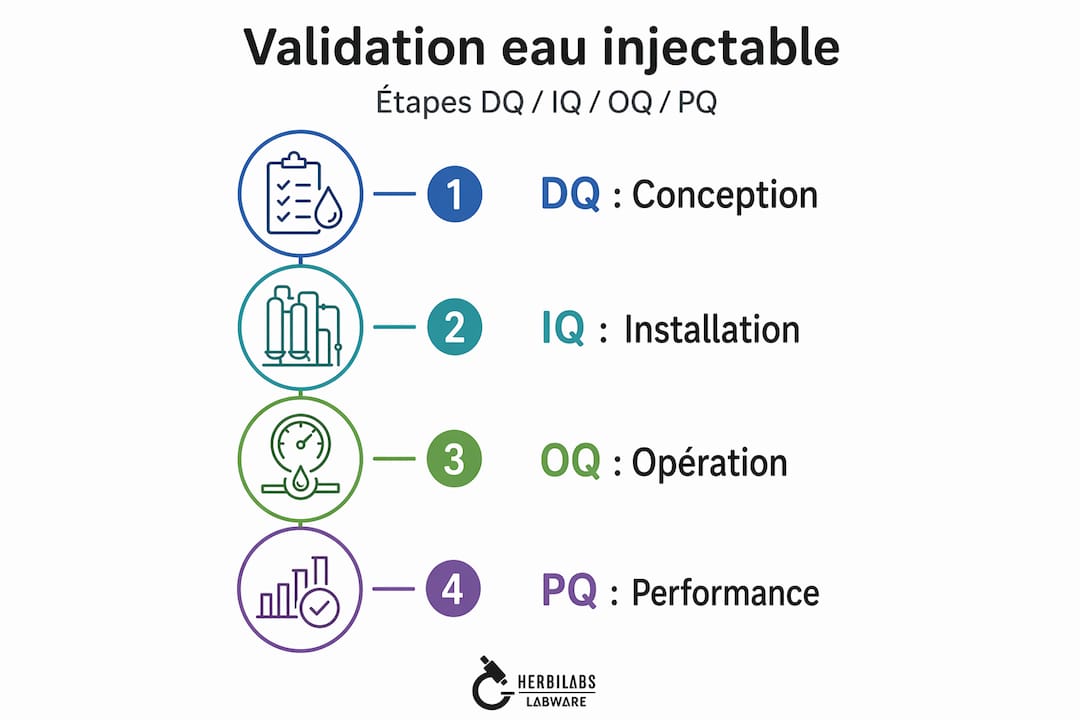 Infographie : les 4 étapes clés pour valider l’eau injectable