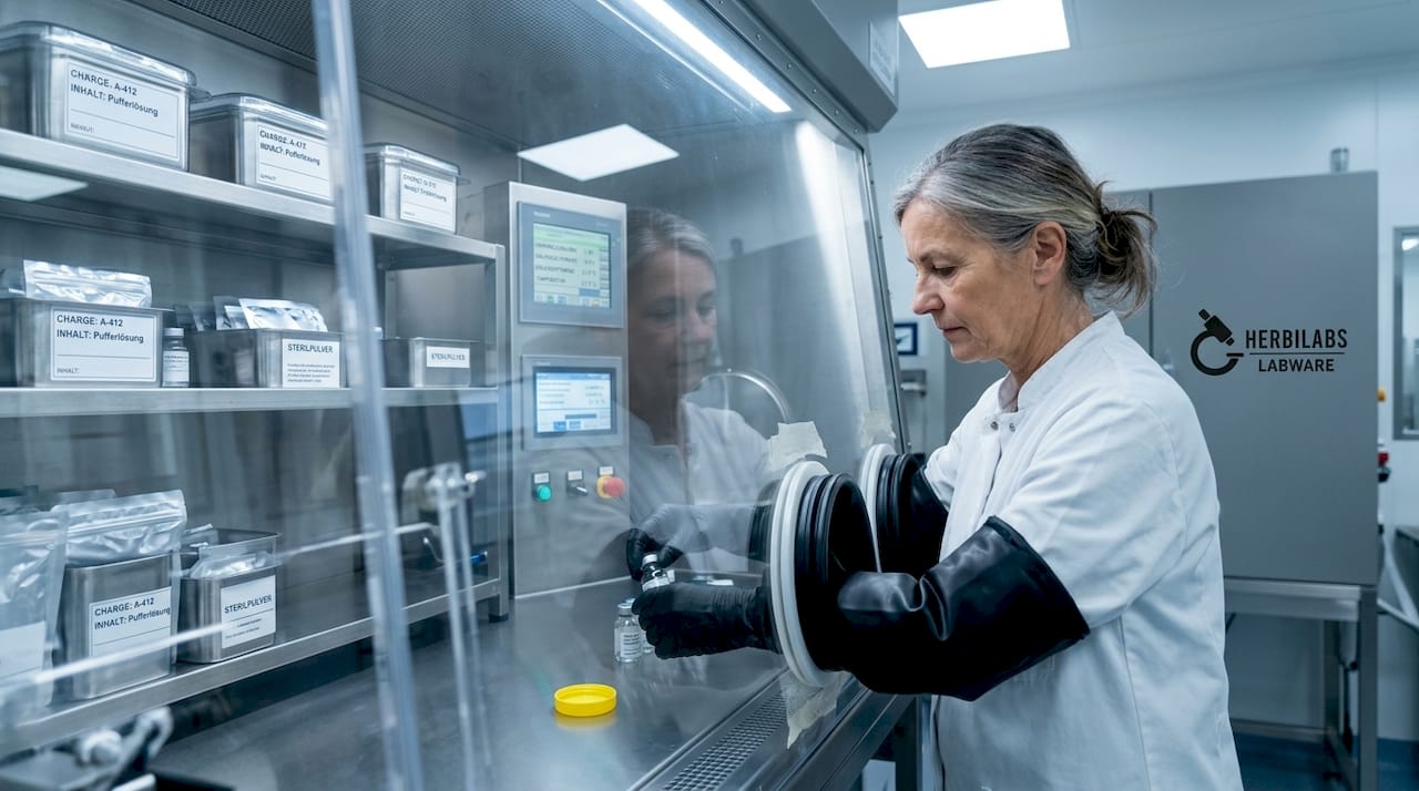 Eine Wissenschaftlerin arbeitet im Reinraum mit einem RABS-Isolator.