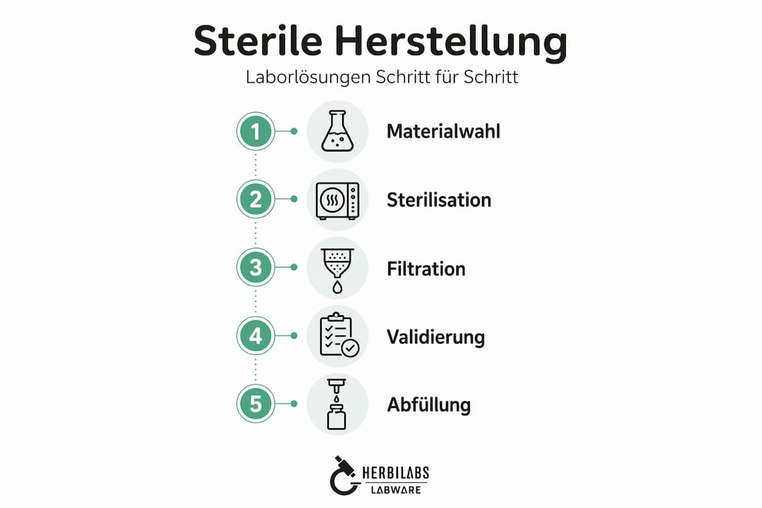Diese Infografik veranschaulicht die einzelnen Schritte zur Herstellung steriler Lösungen.
