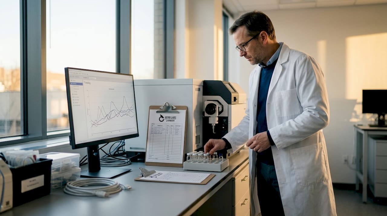 Lab technician calibrating purity testing device