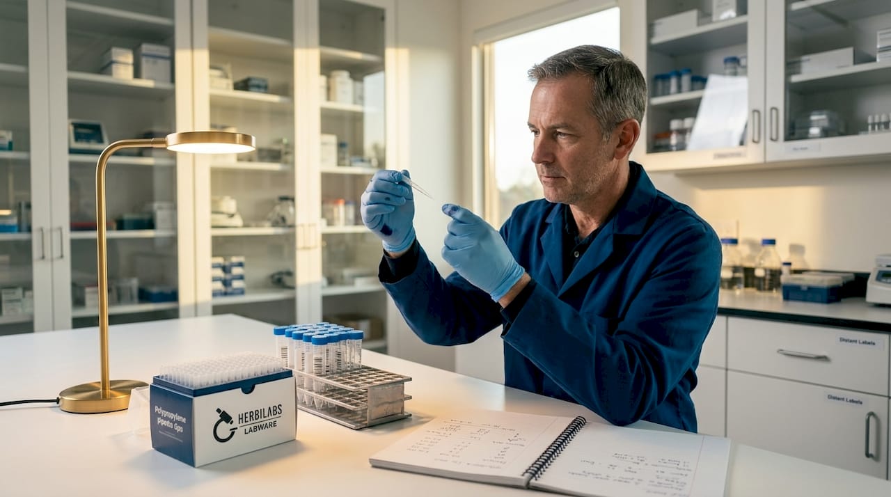 Technician inspecting lab pipette tips for quality