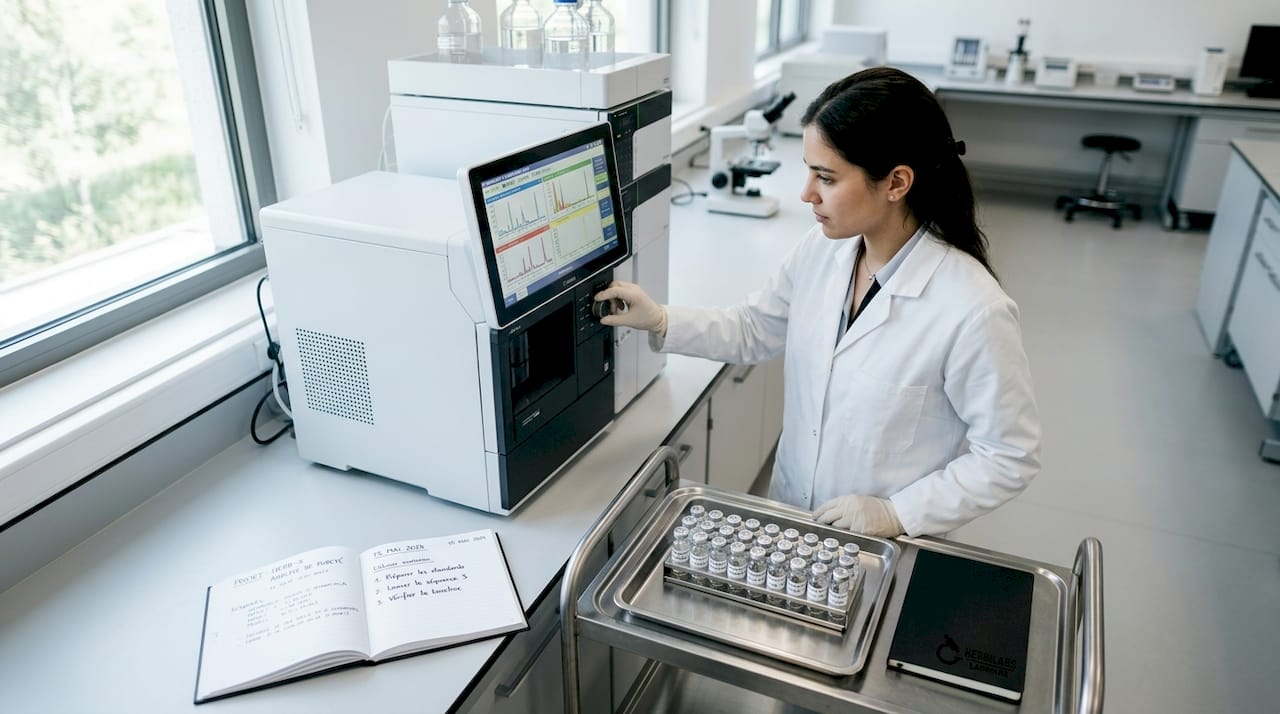 Un chercheur procède aux réglages d’un appareil HPLC dans un laboratoire d’analyses.