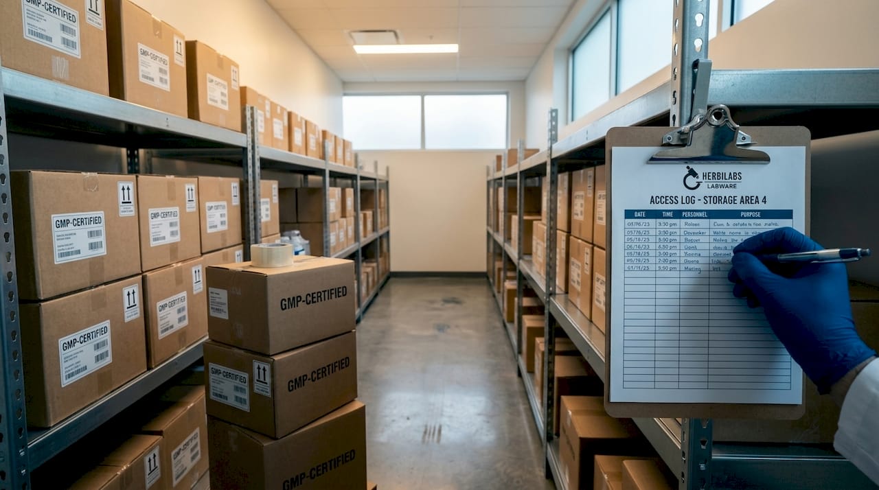 GMP-certified reagent boxes stacked on lab shelves