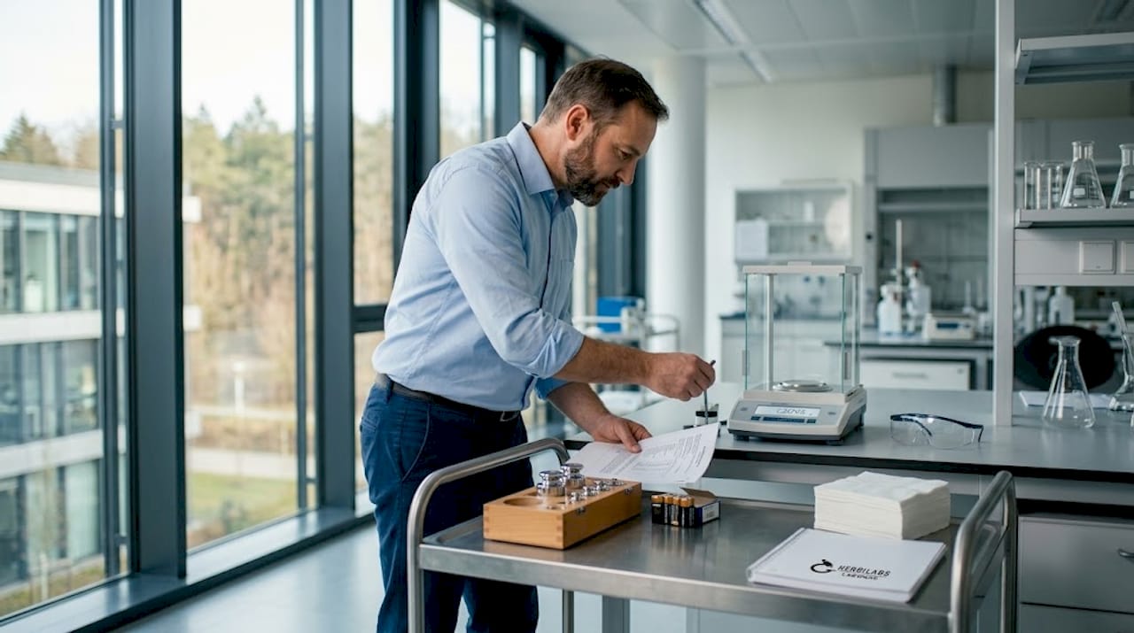 Ein Techniker überprüft und justiert die Laborwaage und dokumentiert alle Schritte im Prüfprotokoll.