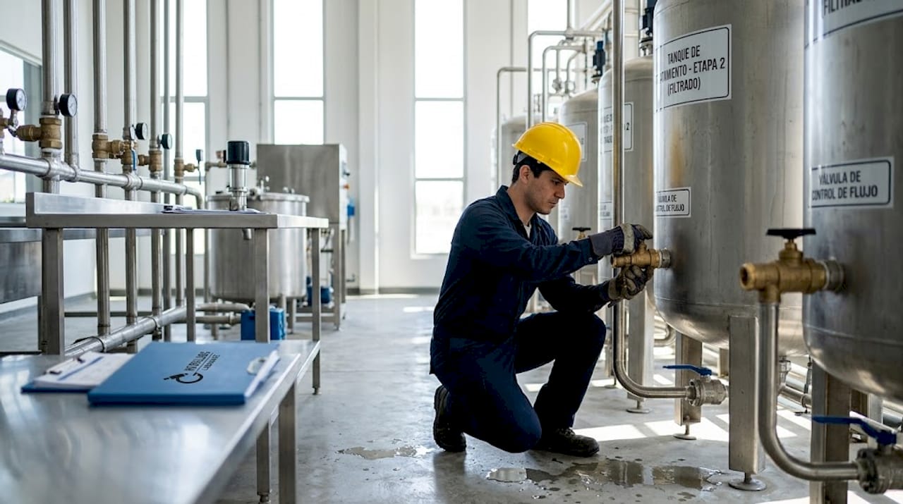 Especialista realizando inspección en la planta de tratamiento de aguas industriales