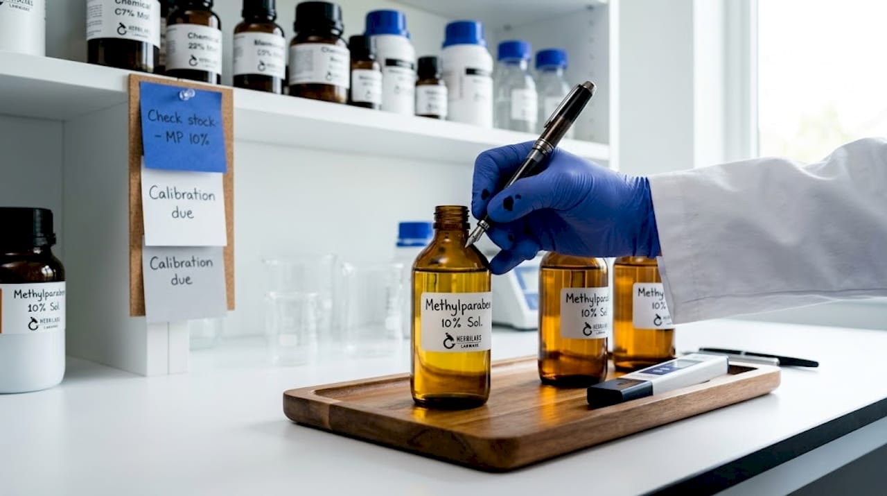 Scientist labeling paraben solution bottles