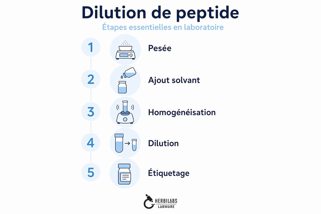 Infographie : les différentes étapes pour diluer un peptide en laboratoire