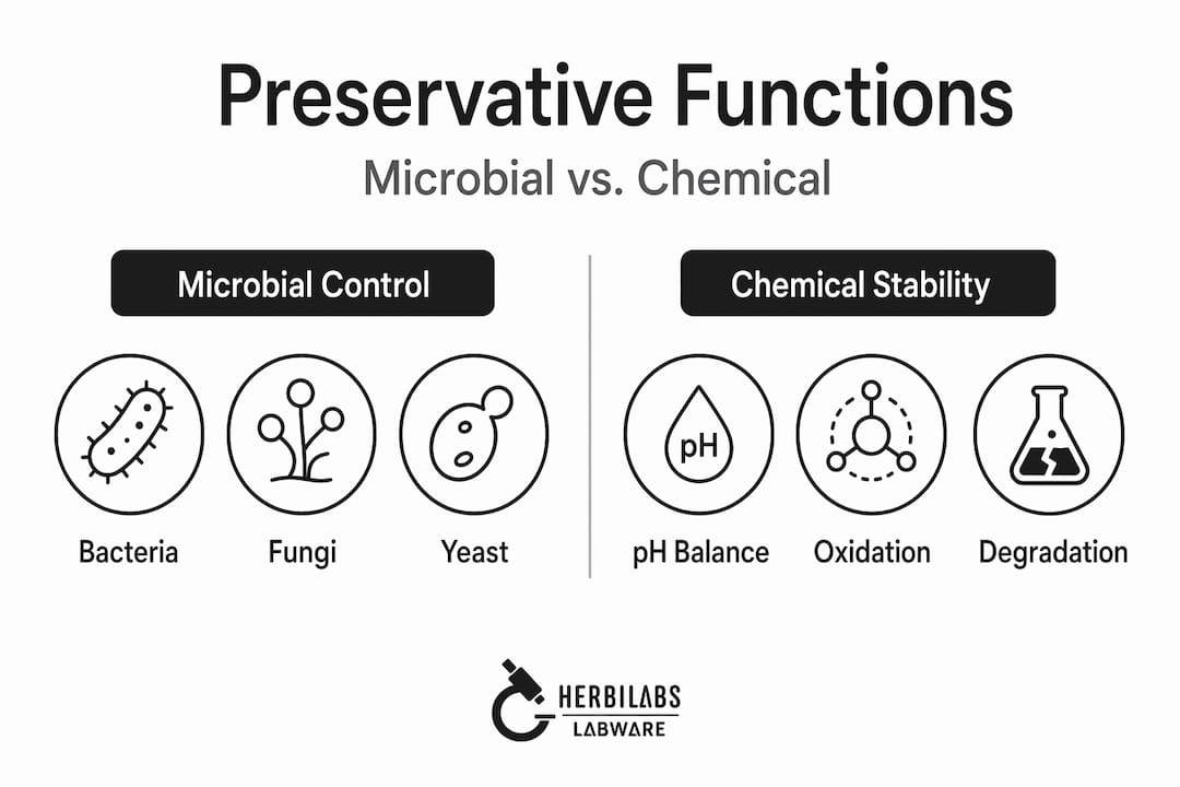 Infographic comparing preservative functions in lab solutions