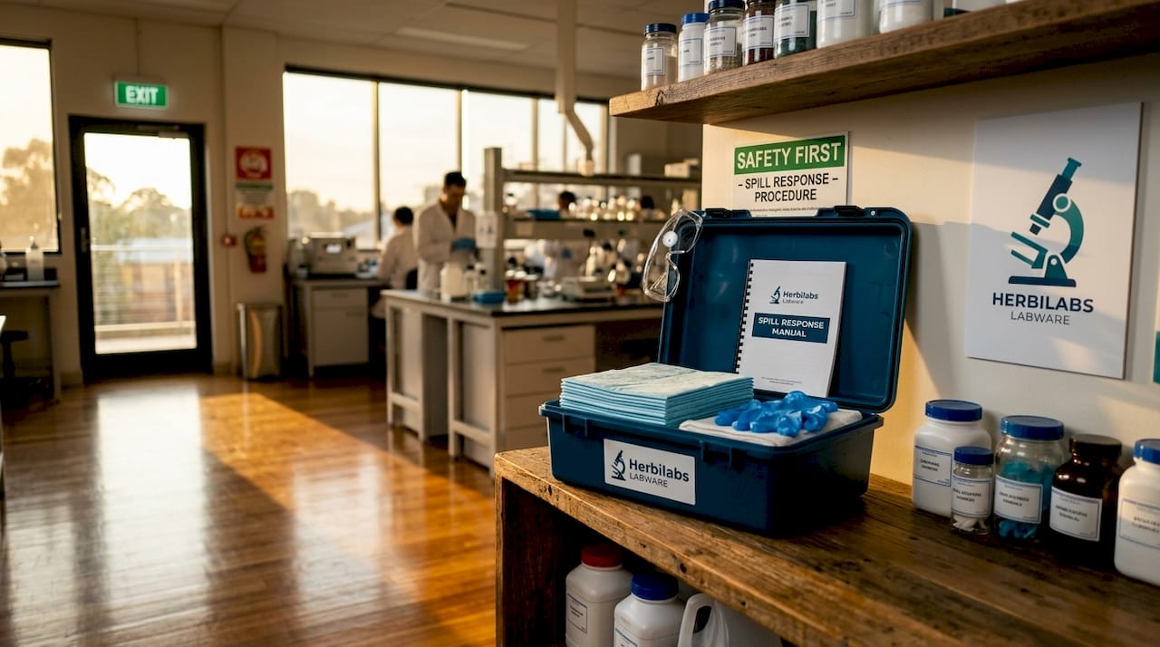 Spill kit on shelf near laboratory exit