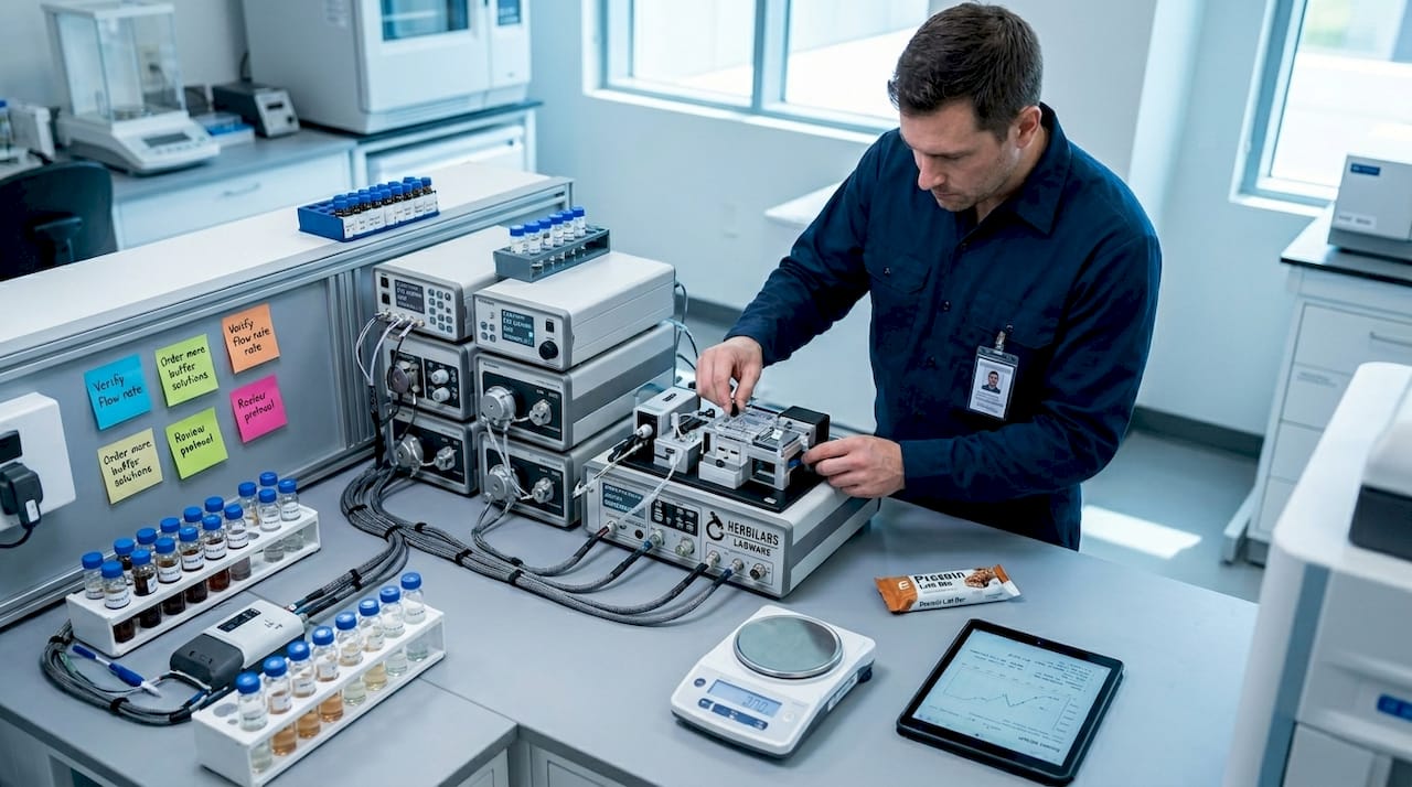 Technician adjusting modular lab equipment