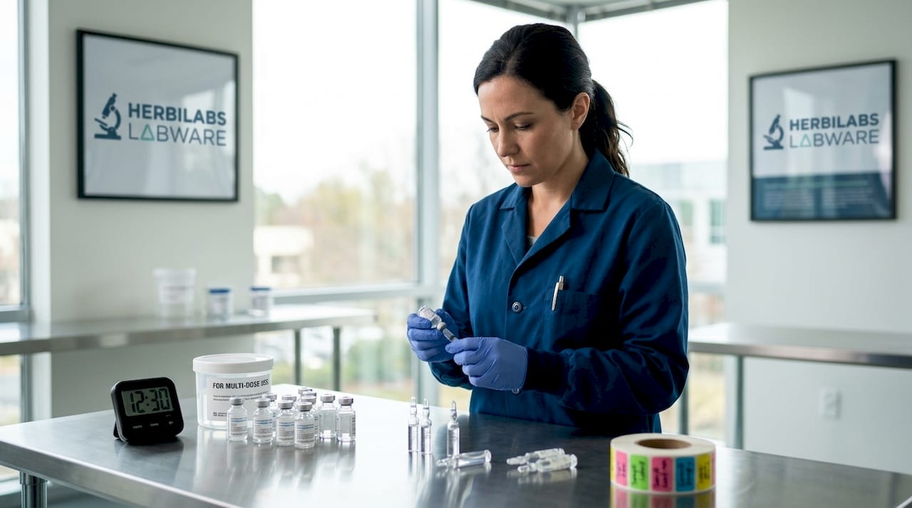 Lab technician labeling bacteriostatic water vials