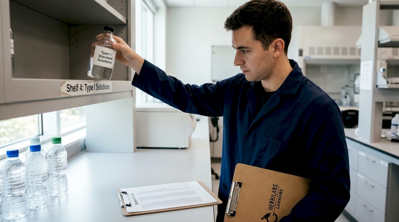 Lab assistant storing purified water container