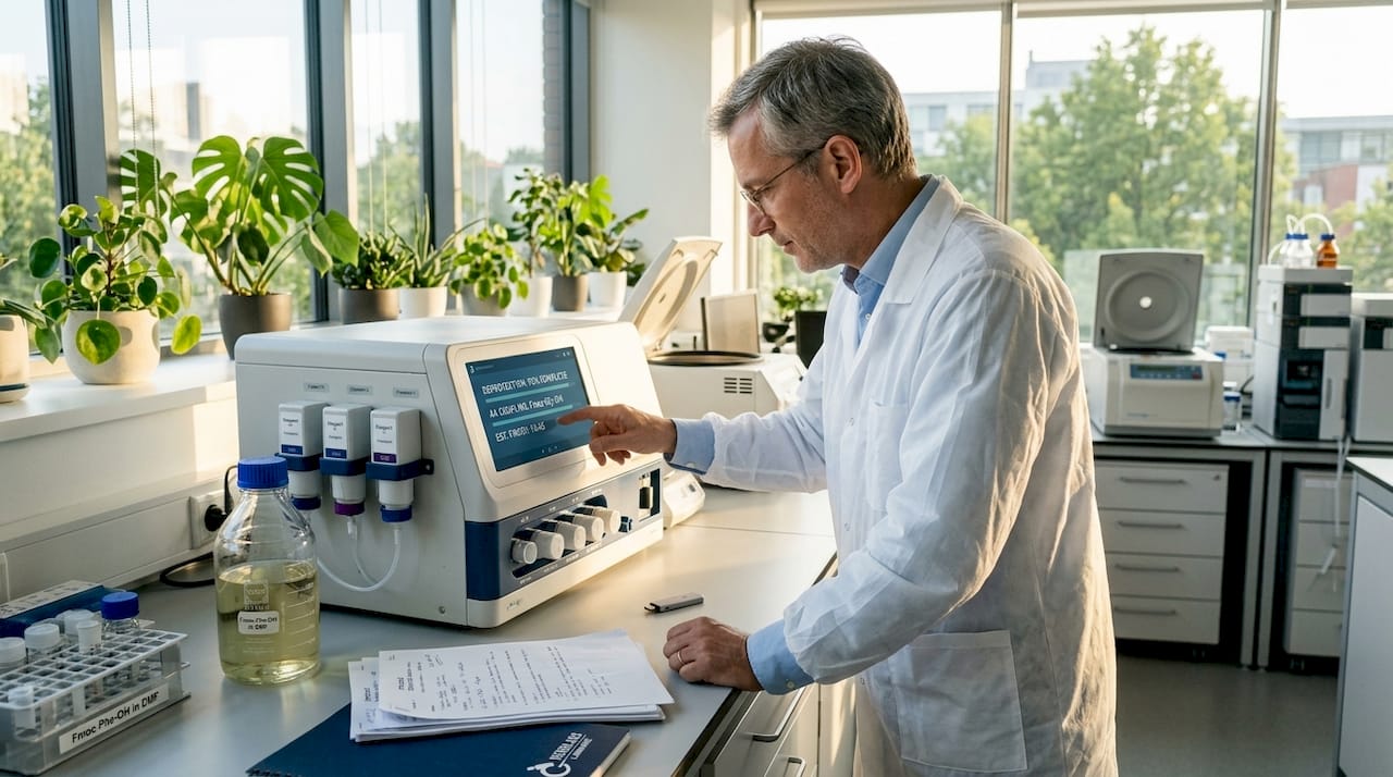Scientist operating peptide synthesizer in lab