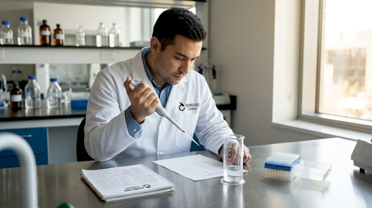 Un técnico examina cuidadosamente una micropipeta sobre la mesa de trabajo.