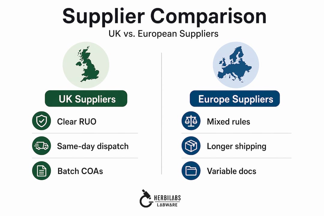 Infographic comparing UK and European peptide suppliers
