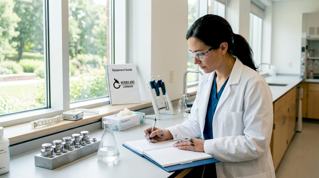 Chemist documenting traceability in laboratory notebook