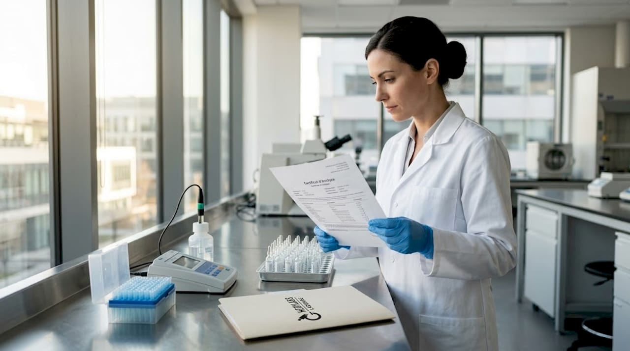 Un technicien de laboratoire examine les dossiers de contrôle qualité des produits pour s’assurer qu’ils répondent aux normes en vigueur.