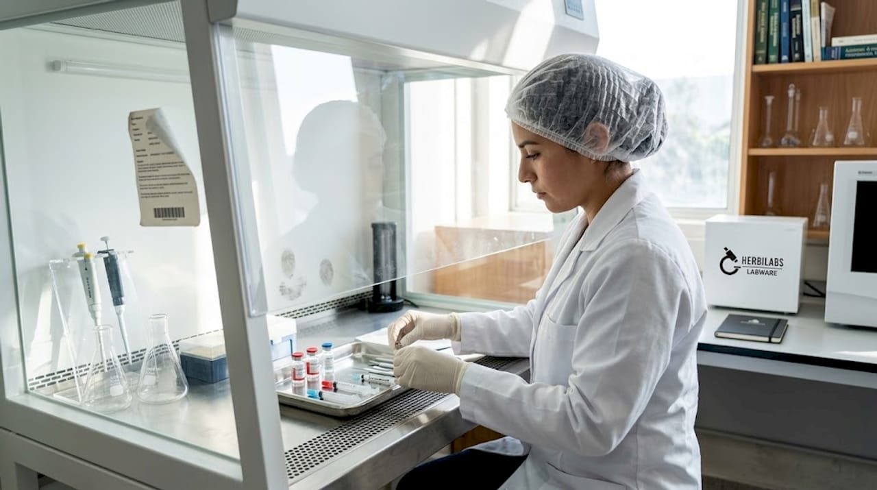 Especialista en farmacia trabajando dentro de una cabina de flujo laminar