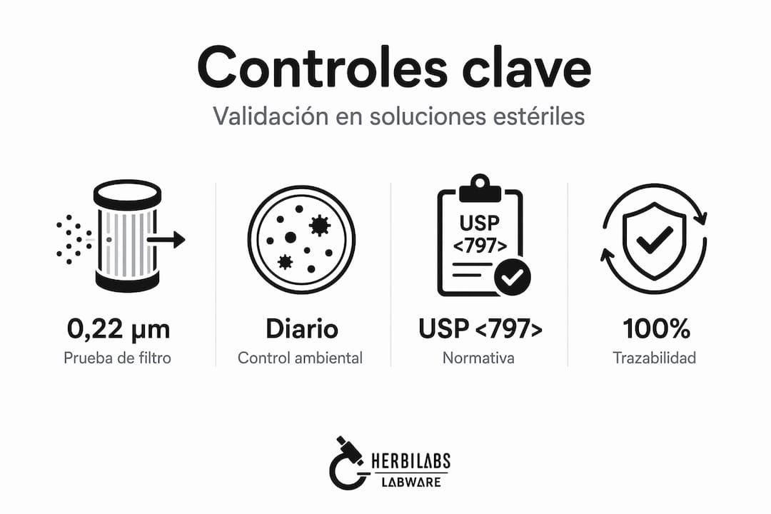Infografía sobre los procedimientos de control y validación en la elaboración de soluciones estériles