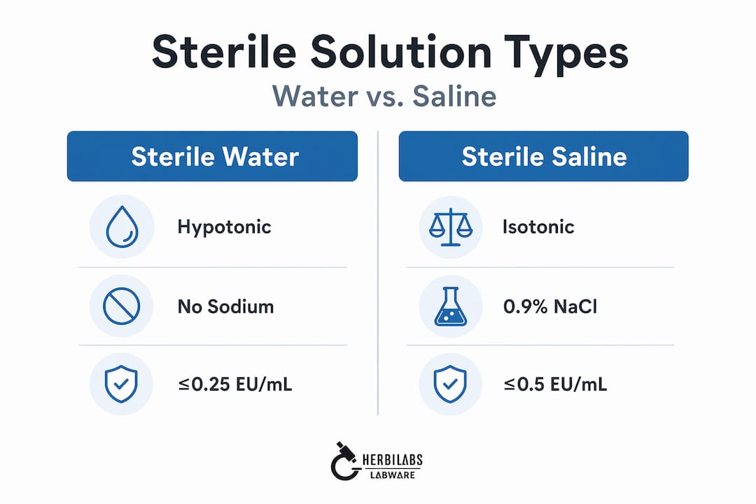 Infographic comparing sterile water and saline types