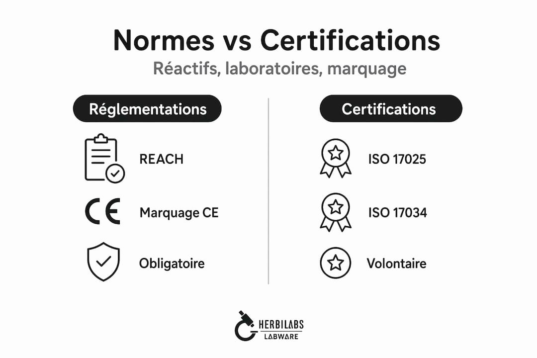 Infographie : panorama des principales normes et certifications applicables aux réactifs