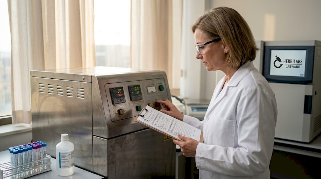 Ingeniera supervisando el funcionamiento de un autoclave en una planta farmacéutica