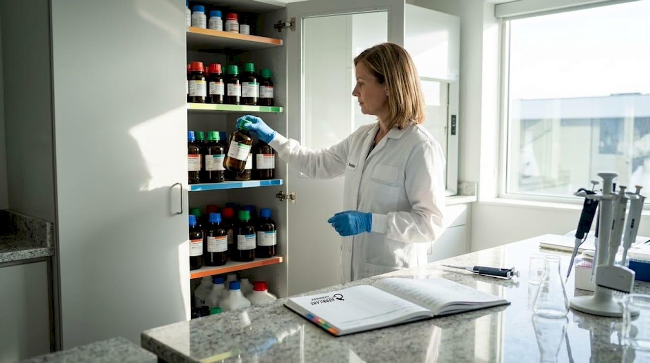 Scientist organizes solvent bottles in storage cabinet