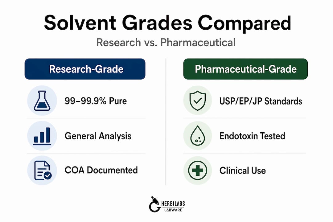 Infographic comparing research and pharmaceutical solvent grades