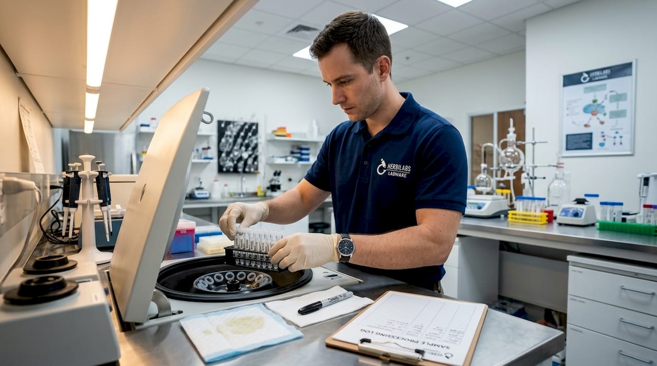 Lab assistant loads samples for processing