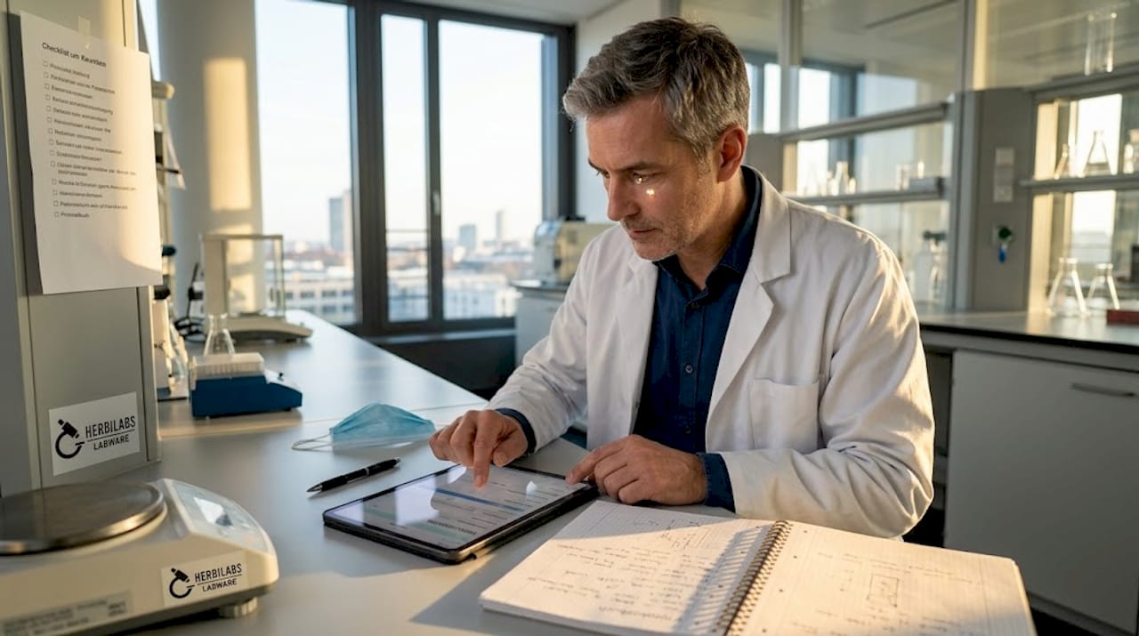 Eine Wissenschaftlerin hält den sterilen Arbeitsablauf im Labor sorgfältig fest.