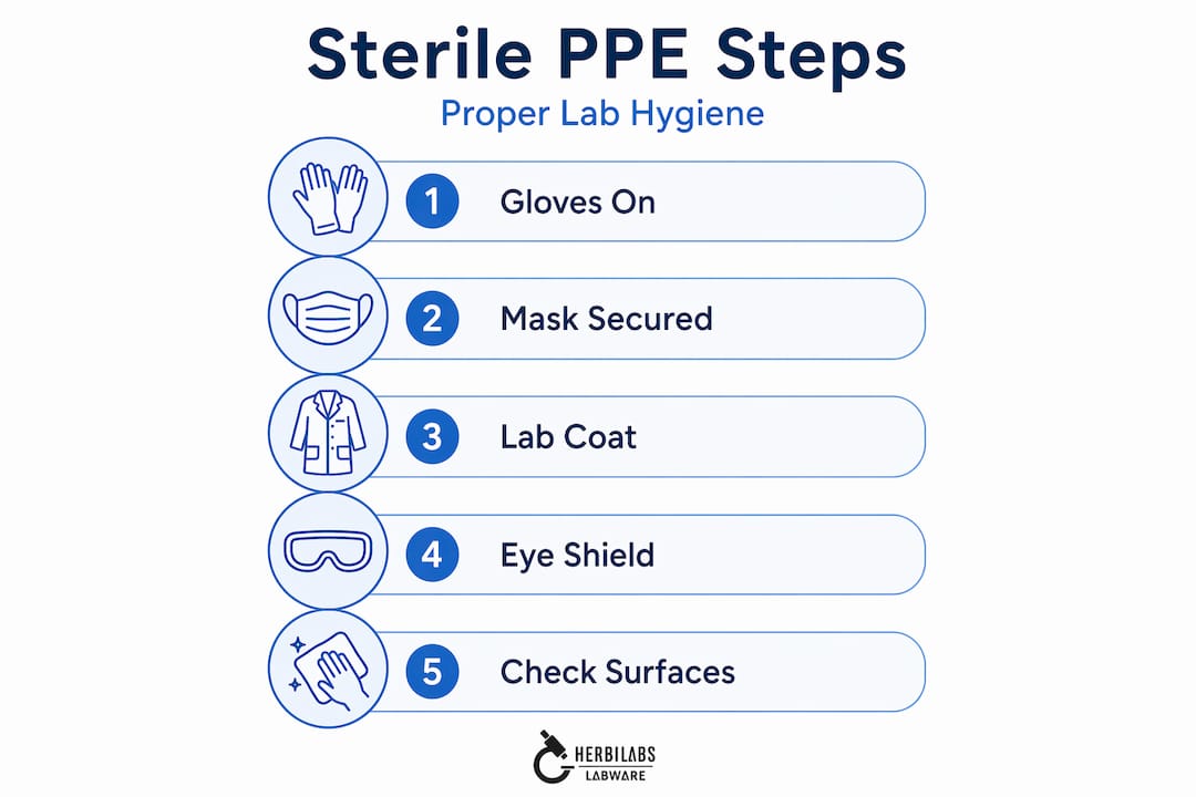 Infographic showing sterile PPE steps and hygiene