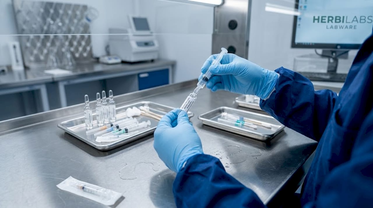 Un technicien s'occupe de la préparation d'eau stérile destinée aux injections.