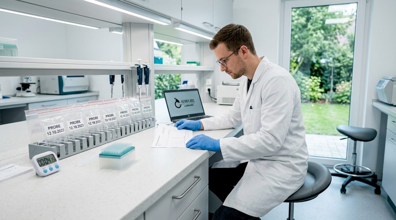 Eine Laborantin oder ein Laborant analysiert ein Chromatogramm und wertet die Messergebnisse aus.