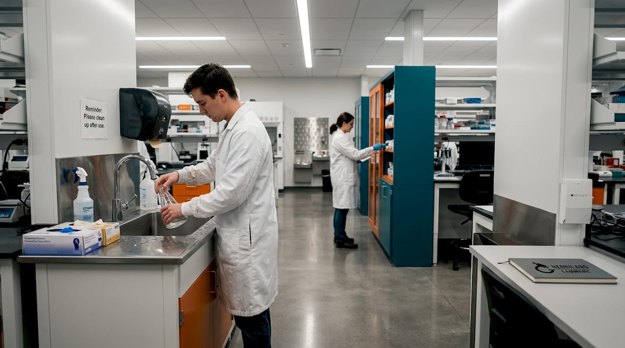 Researchers working around laboratory contamination risks