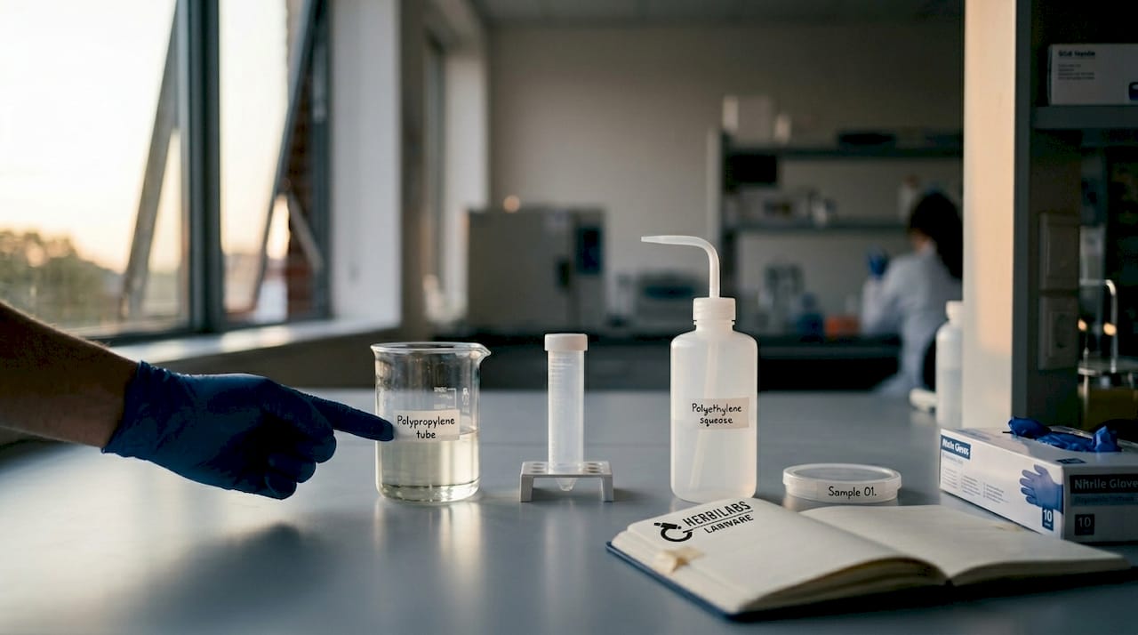 Lab bench with labeled types of labware