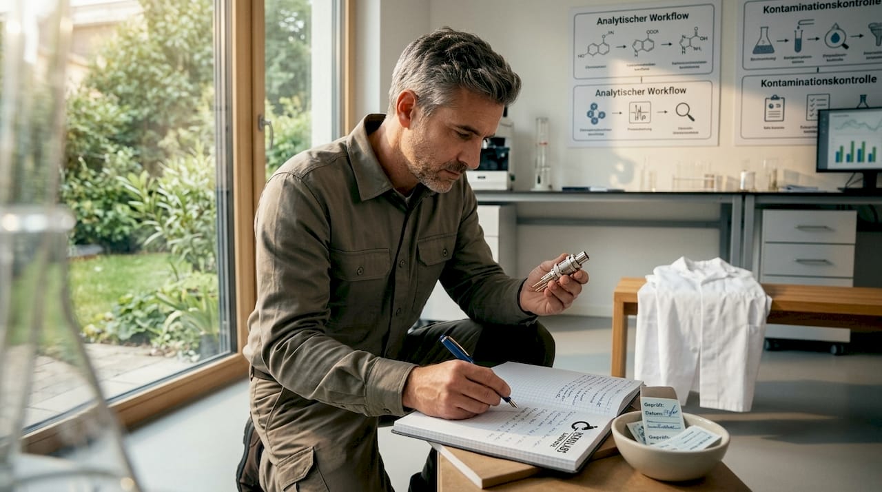 Ein Qualitätsmanager überprüft die Kalibrierung einer Chromatographieanlage.