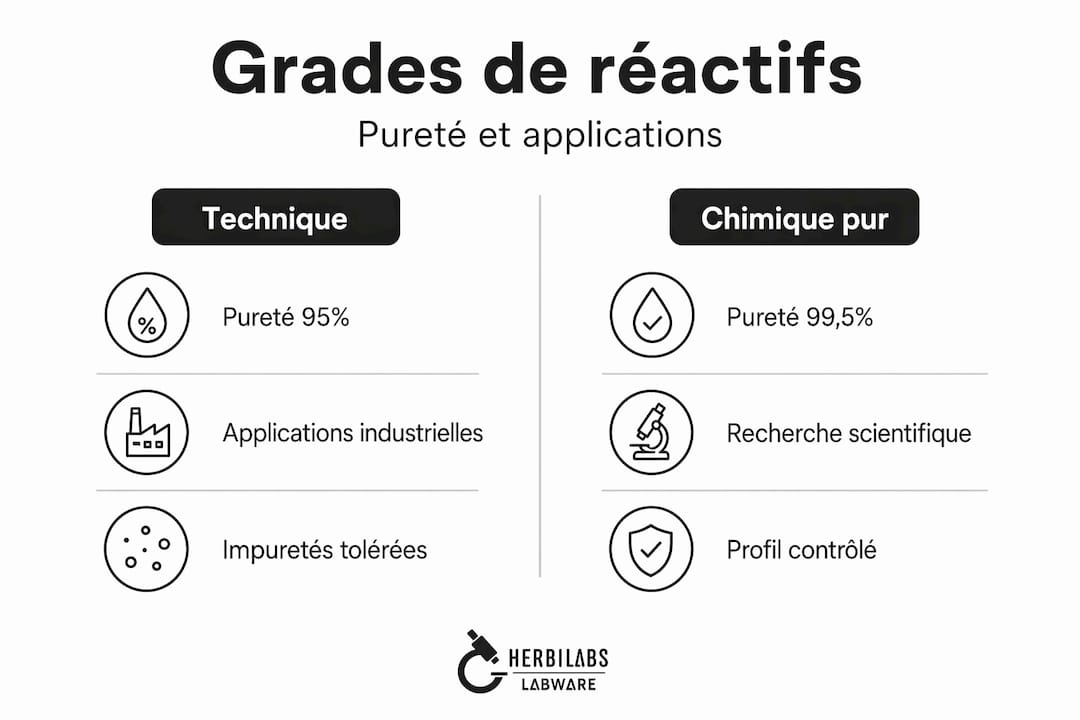 Tableau comparatif des différents niveaux de pureté des réactifs chimiques