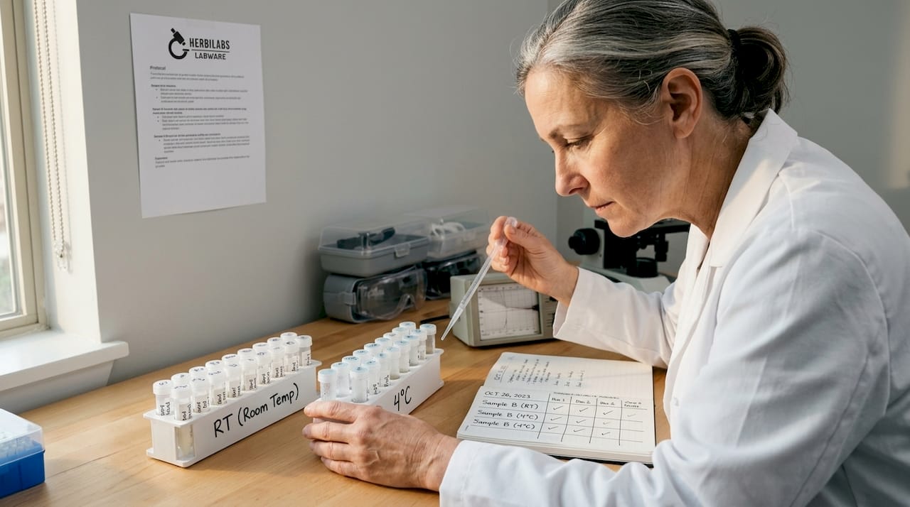 Scientist comparing reagent samples at two temperatures