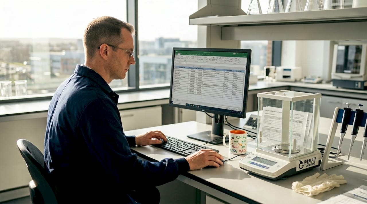 Technician entering lab records after assessment
