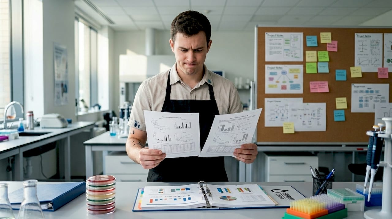Lab technician comparing experiment result sheets