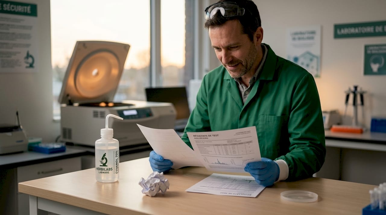 Un technicien examine et compare attentivement les résultats d’analyses en laboratoire.