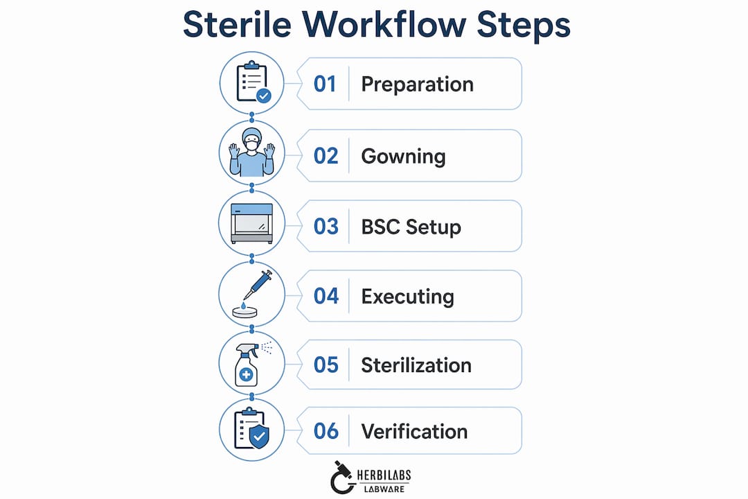 Infographic illustrating sterile workflow steps in lab